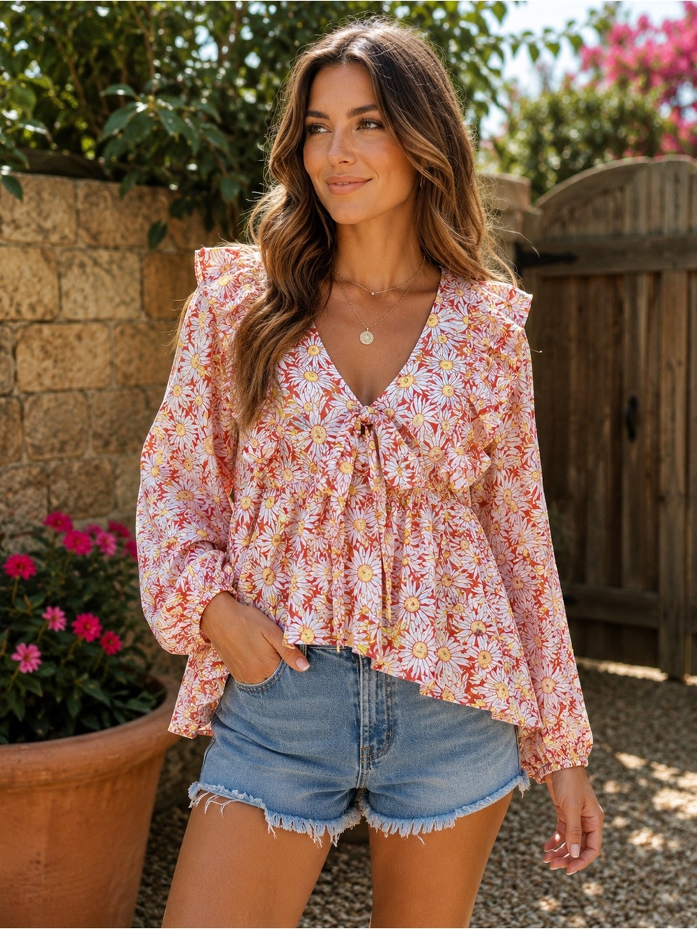 Simply Southern Pink Floral Tie-Front Peasant Top